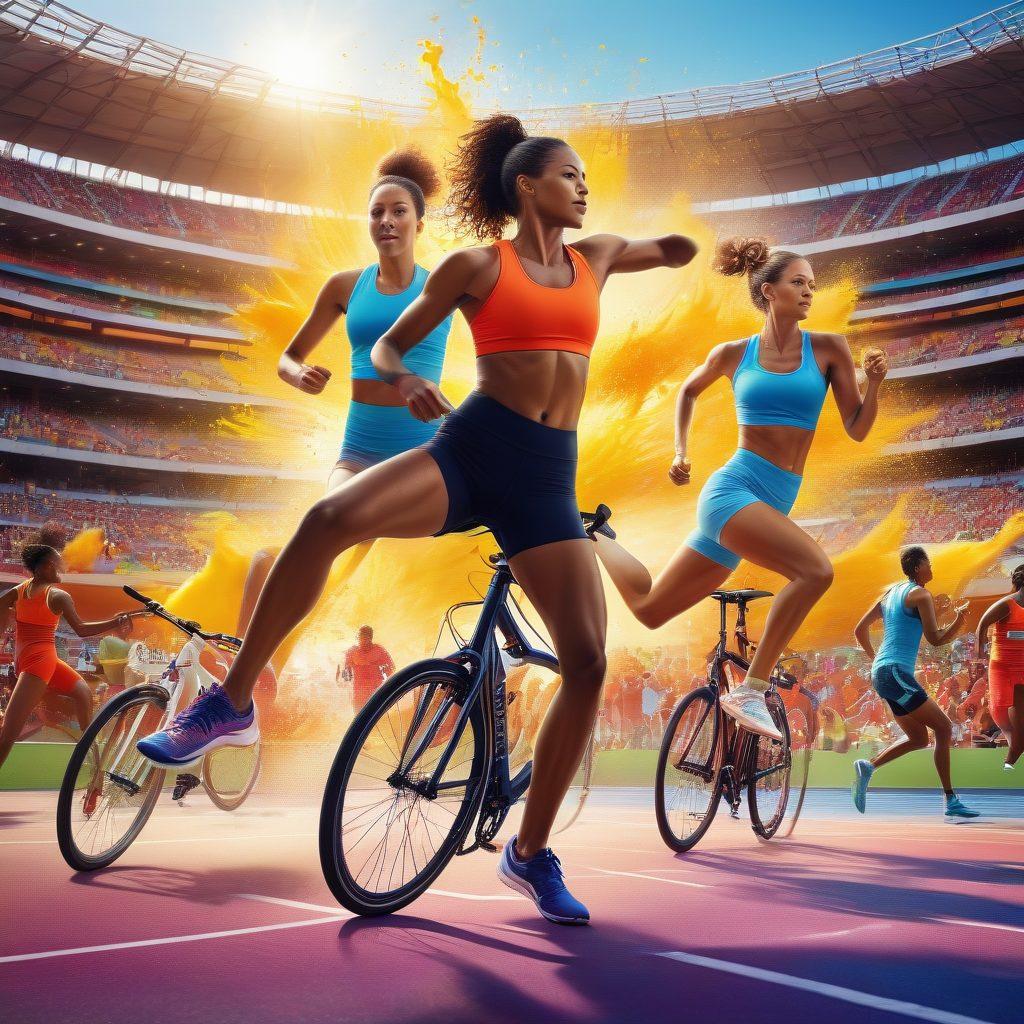 An energetic scene depicting diverse athletes engaged in various sports, showcasing their intensity and passion for fitness. Include a vibrant stadium background with cheering spectators, and dynamic action shots of running, cycling, and yoga. Integrate elements of health like fruits and water bottles subtly in the foreground to convey wellness. Super-realistic. Vibrant colors. 3D.