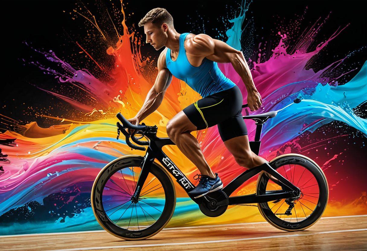 A dynamic athlete mid-action, showcasing various sports such as running, swimming, and cycling, all within a heartbeat line that integrates elements of physical effort and recovery. Surrounding the athlete, subtle graphics illustrating muscle recovery techniques like foam rolling and stretching, creating a vibrant energy. Colorful splashes representing different sports blend harmoniously with the heartbeat motif, emphasizing performance and wellness. super-realistic. vibrant colors. 3D.