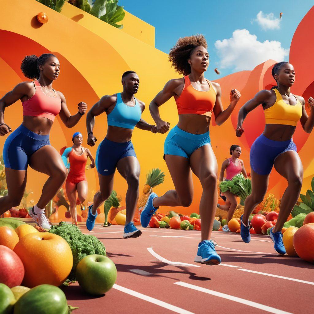 A diverse group of athletes in dynamic motion, showcasing various sports like running, cycling, and weightlifting. Include elements of healthy foods, such as fruits and vegetables, integrated creatively within the scene. The background should depict an energetic, vibrant gym or outdoor training environment. Emphasize determination and teamwork through their expressions and interactions. 3D illustration. vibrant colors. dynamic composition.